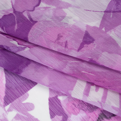 Crinkled Polyester Chiffon Print - Lilac Purple and White Abstract Watercolor Floral - Designer Deadstock Folded