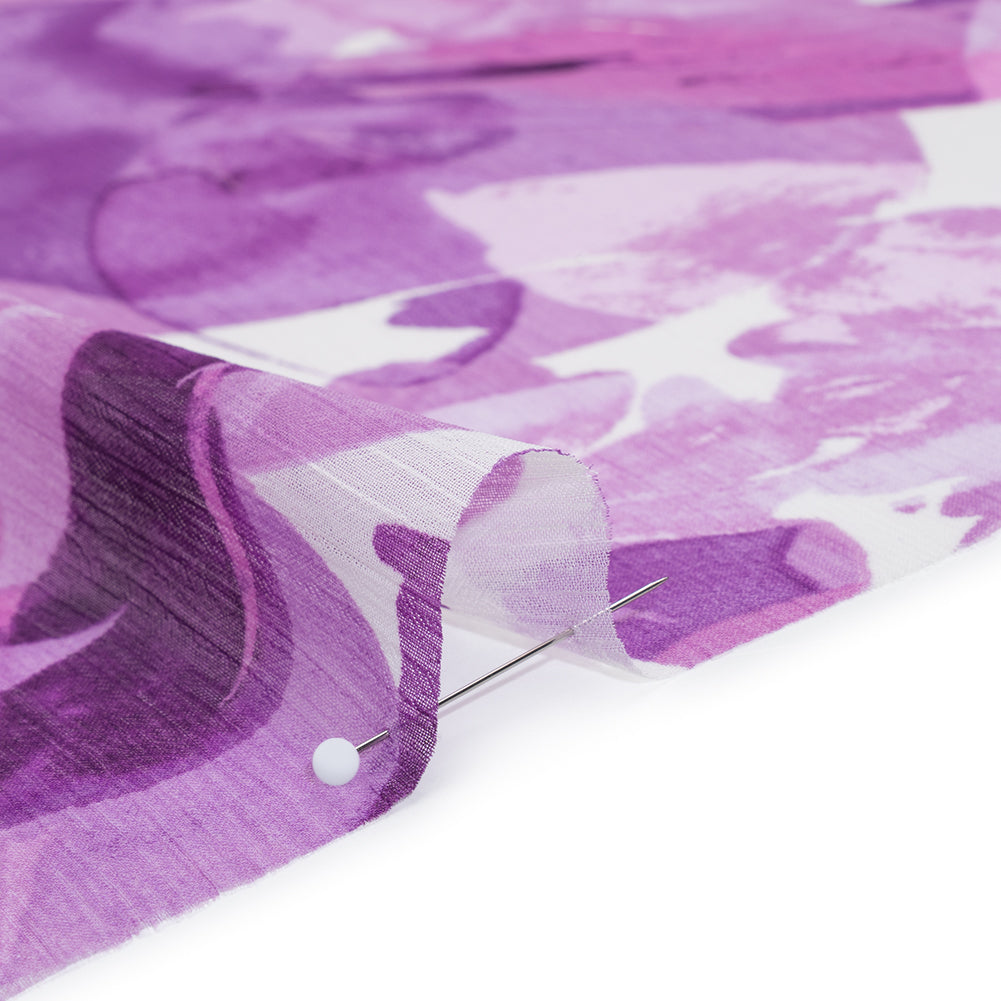 Crinkled Polyester Chiffon Print - Lilac Purple and White Abstract Watercolor Floral - Designer Deadstock Detail