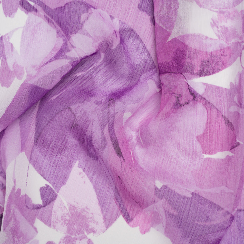 Crinkled Polyester Chiffon Print - Lilac Purple and White Abstract Watercolor Floral - Designer Deadstock