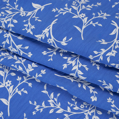 Polyester Woven with Puff Print - Azure Blue and White Foliage - Deadstock