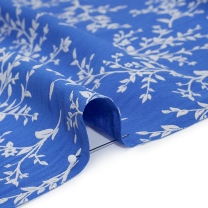 Polyester Woven with Puff Print - Azure Blue and White Foliage - Deadstock