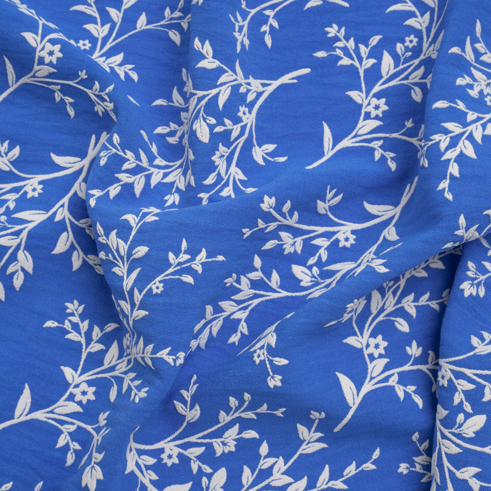 Polyester Woven with Puff Print - Azure Blue and White Foliage - Deadstock