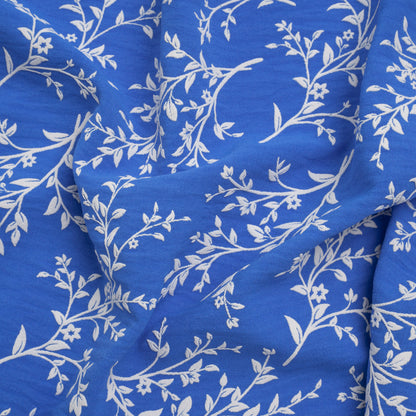Polyester Woven with Puff Print - Azure Blue and White Foliage - Deadstock