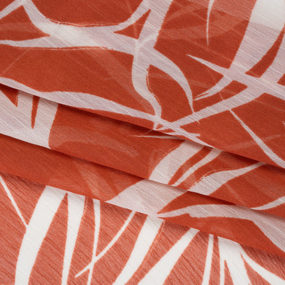 Crinkled Polyester Chiffon Print - Clay Brown and White Abstract Floral - Designer Deadstock
