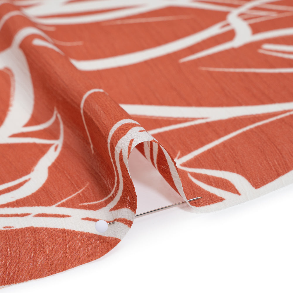 Crinkled Polyester Chiffon Print - Clay Brown and White Abstract Floral - Designer Deadstock - Detail