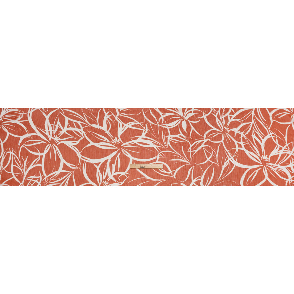 Crinkled Polyester Chiffon Print - Clay Brown and White Abstract Floral - Designer Deadstock - Full