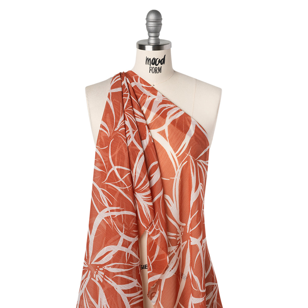 Crinkled Polyester Chiffon Print - Clay Brown and White Abstract Floral - Designer Deadstock - Drape