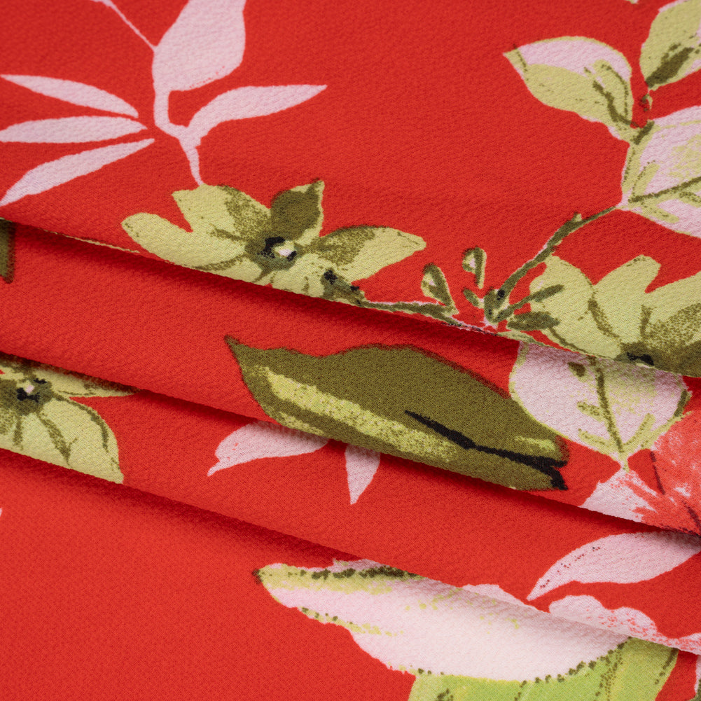 Polyester Crepe Print - Candy Red, Pale Pink and Moss Green Floral - Designer Deadstock - Folded