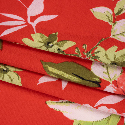 Polyester Crepe Print - Candy Red, Pale Pink and Moss Green Floral - Designer Deadstock
