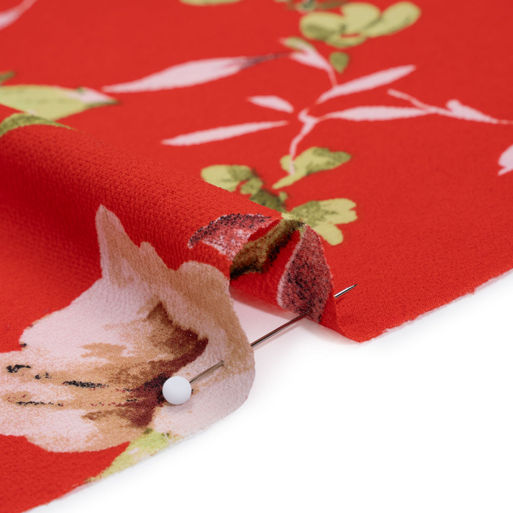 Polyester Crepe Print - Candy Red, Pale Pink and Moss Green Floral - Designer Deadstock - Detail