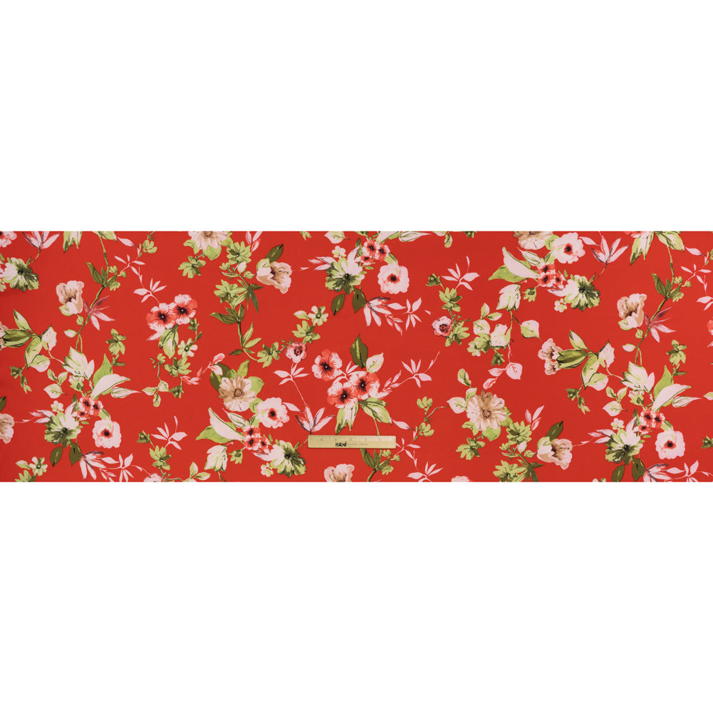 Polyester Crepe Print - Candy Red, Pale Pink and Moss Green Floral - Designer Deadstock - Full