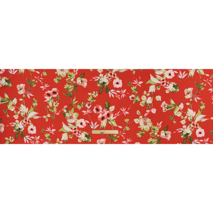 Polyester Crepe Print - Candy Red, Pale Pink and Moss Green Floral - Designer Deadstock