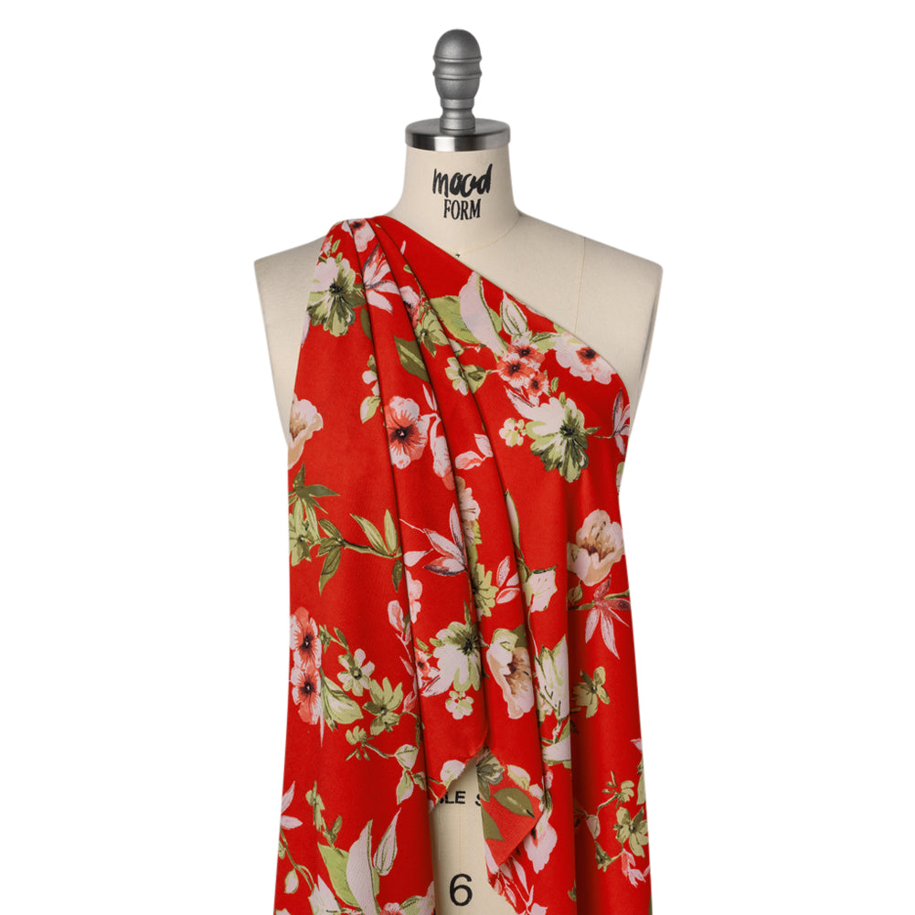 Polyester Crepe Print - Candy Red, Pale Pink and Moss Green Floral - Designer Deadstock - Drape
