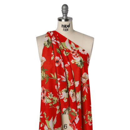 Polyester Crepe Print - Candy Red, Pale Pink and Moss Green Floral - Designer Deadstock