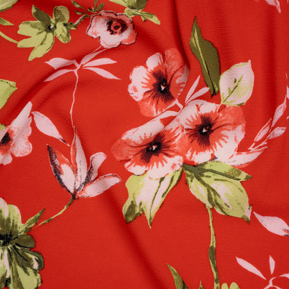 Polyester Crepe Print - Candy Red, Pale Pink and Moss Green Floral - Designer Deadstock