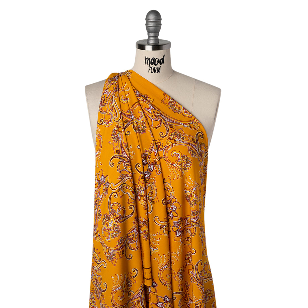 Stretch Polyester Tricot Print - Sunny Orange, Brick Red, Penny Brown Paisley - Designer Deadstock - Drape