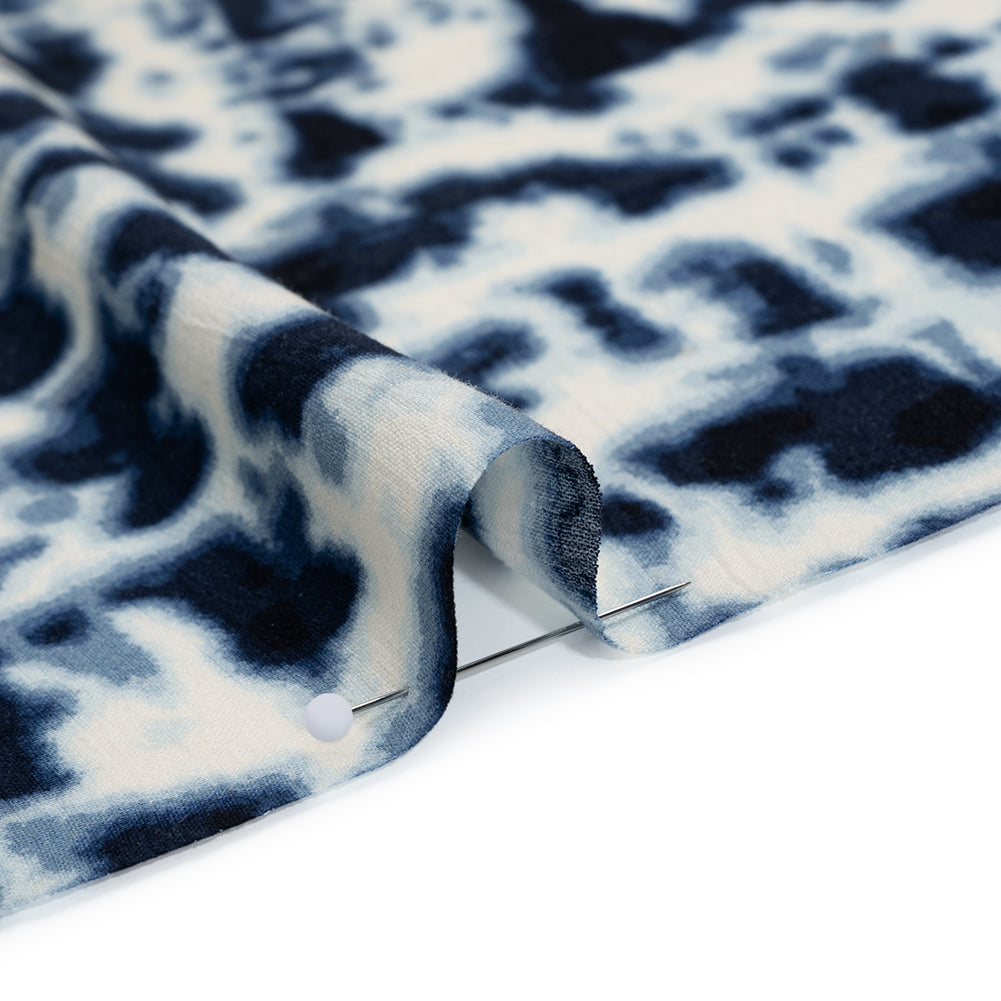 Crinkled Rayon Woven Print - Midnight Blue and Off White Tie-Dye Abstract Animal Spots - Deadstock - Detail