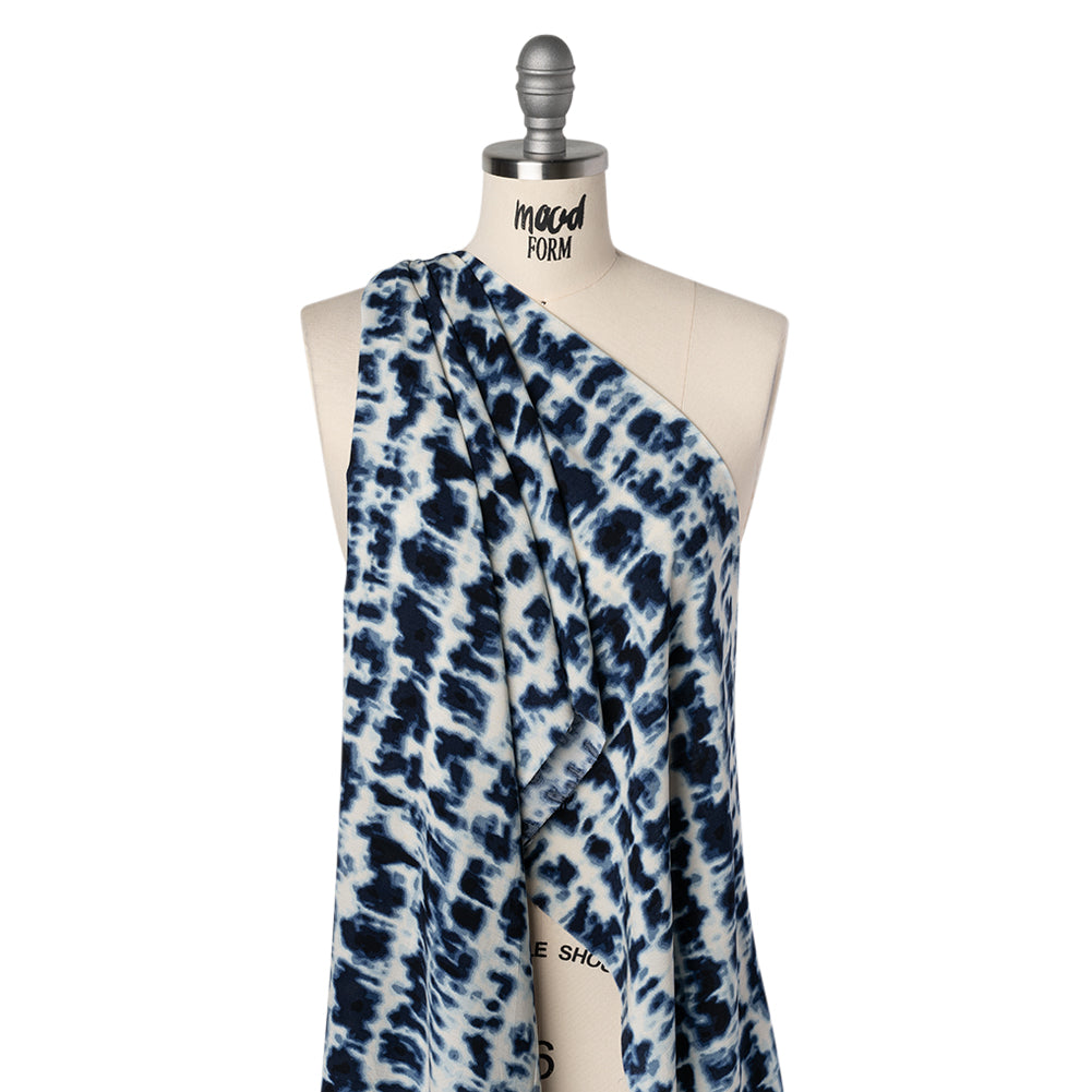 Crinkled Rayon Woven Print - Midnight Blue and Off White Tie-Dye Abstract Animal Spots - Deadstock - Drape