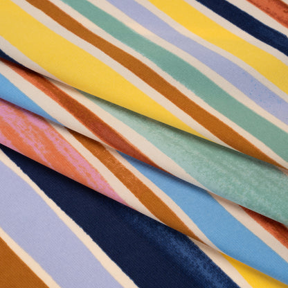 Stretch Drapey Polyester Woven Print - Sky Blue, Rusty Orange and Pink Painterly Barcode Stripes - Designer Deadstock Folded