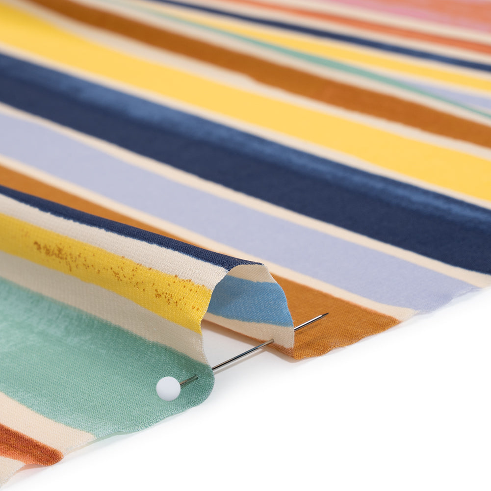 Stretch Drapey Polyester Woven Print - Sky Blue, Rusty Orange and Pink Painterly Barcode Stripes - Designer Deadstock Detail