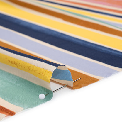 Stretch Drapey Polyester Woven Print - Sky Blue, Rusty Orange and Pink Painterly Barcode Stripes - Designer Deadstock Detail