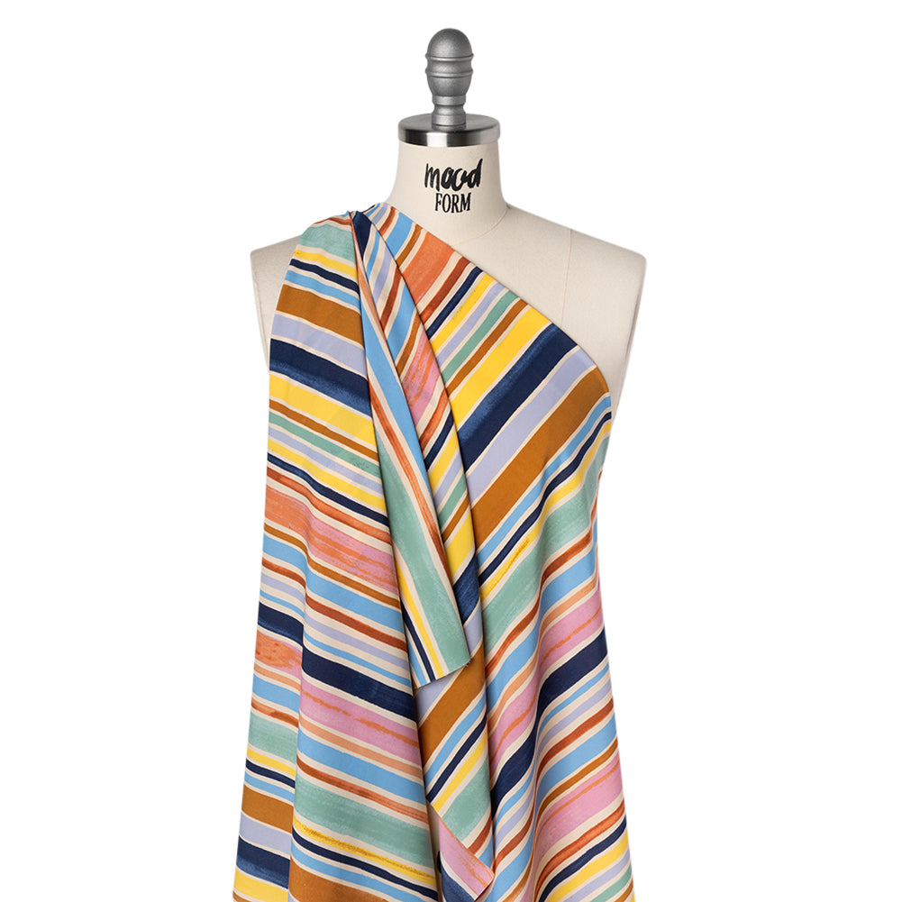 Stretch Drapey Polyester Woven Print - Sky Blue, Rusty Orange and Pink Painterly Barcode Stripes - Designer Deadstock Drape