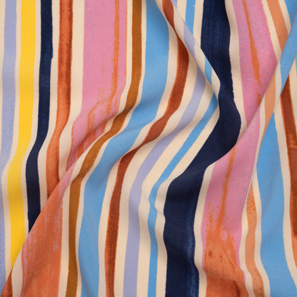 Stretch Drapey Polyester Woven Print - Sky Blue, Rusty Orange and Pink Painterly Barcode Stripes - Designer Deadstock