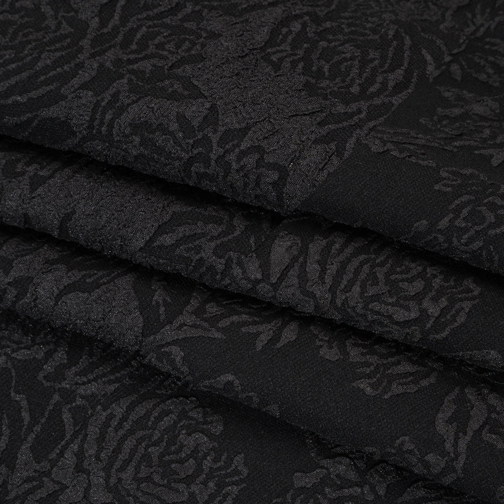 Polyester and Cotton Brocade - Black Floral - Designer Deadstock - Folded