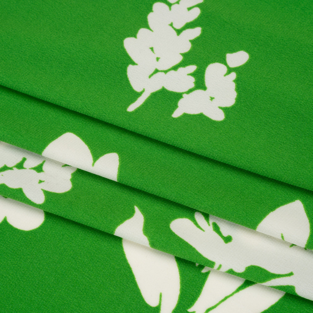 Stretch Polyester Tricot Print - Bright Kelly Green and Off White Floral - Designer Deadstock - Folded