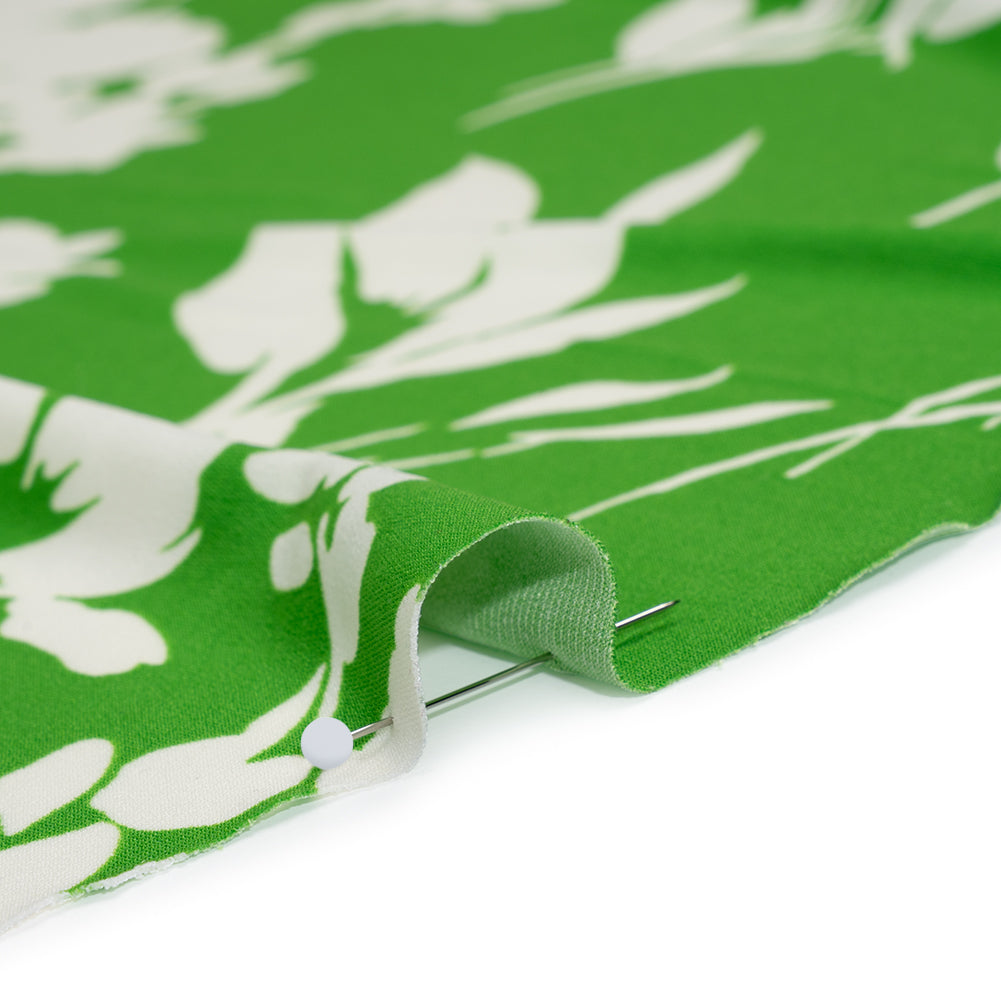 Stretch Polyester Tricot Print - Bright Kelly Green and Off White Floral - Designer Deadstock - Detail