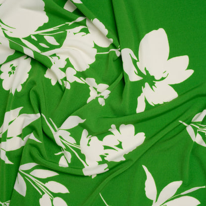 Stretch Polyester Tricot Print - Bright Kelly Green and Off White Floral - Designer Deadstock