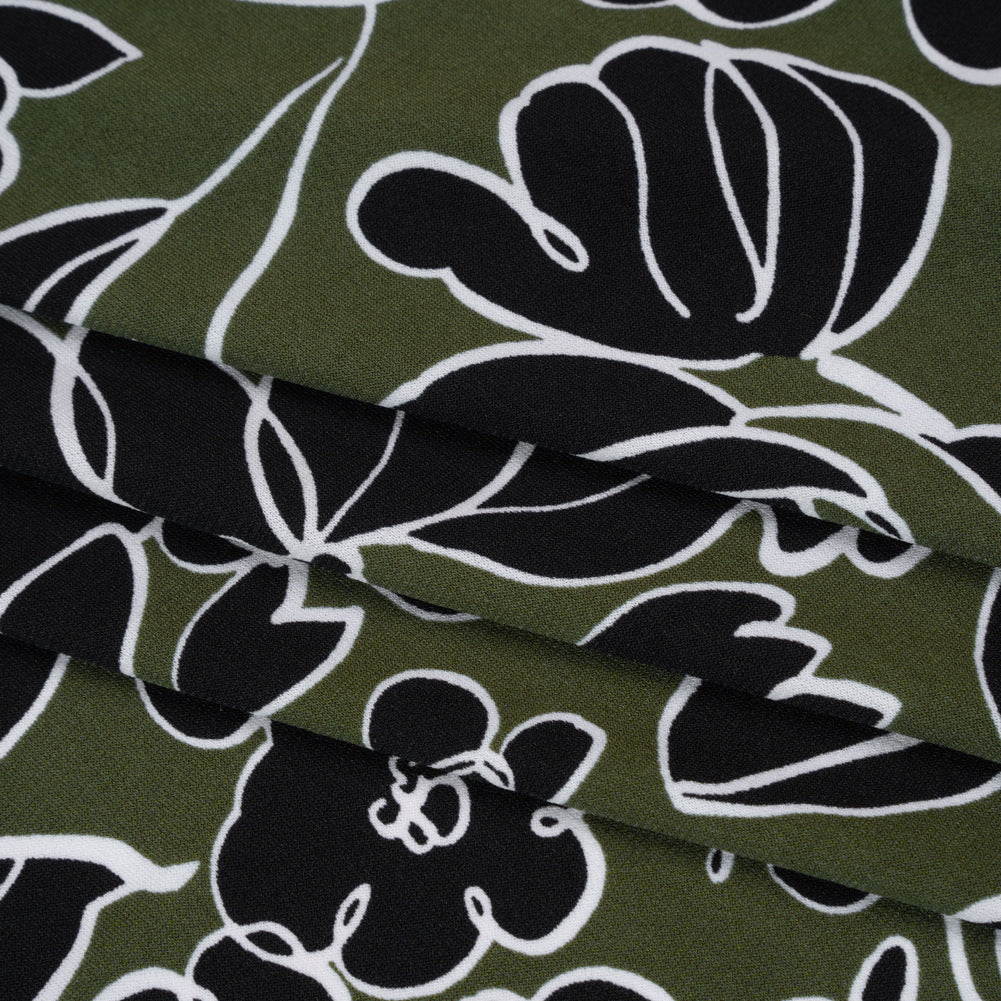 Stretch Polyester Tricot Print - Moss Green and Black Floral Doodles - Designer Deadstock - Folded