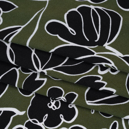 Stretch Polyester Tricot Print - Moss Green and Black Floral Doodles - Designer Deadstock