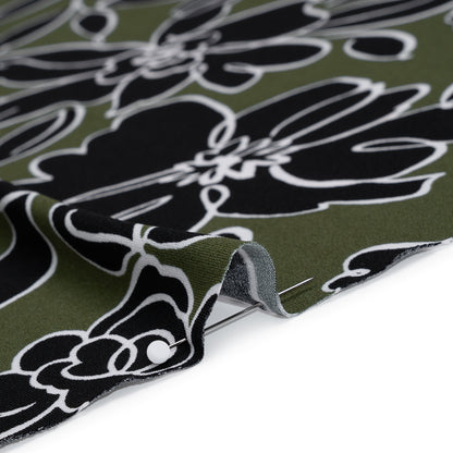 Stretch Polyester Tricot Print - Moss Green and Black Floral Doodles - Designer Deadstock