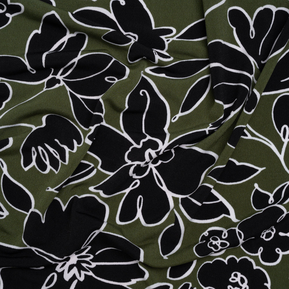 Stretch Polyester Tricot Print - Moss Green and Black Floral Doodles - Designer Deadstock