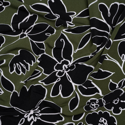 Stretch Polyester Tricot Print - Moss Green and Black Floral Doodles - Designer Deadstock