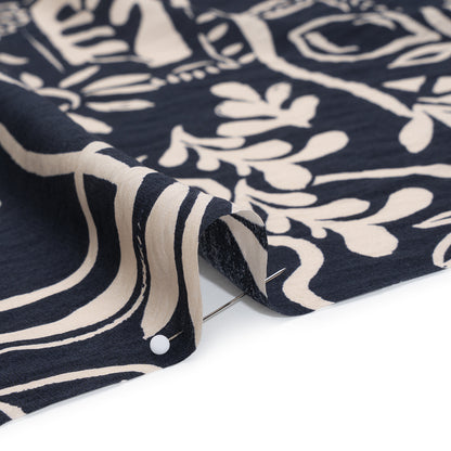 Rayon and Nylon Woven Print - Dark Navy Blue and Light Tan Simple Plants - Designer Deadstock Detail