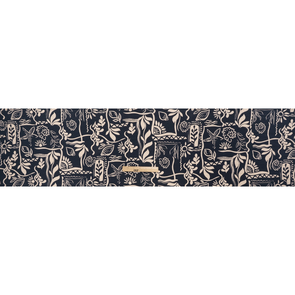 Rayon and Nylon Woven Print - Dark Navy Blue and Light Tan Simple Plants - Designer Deadstock - Full