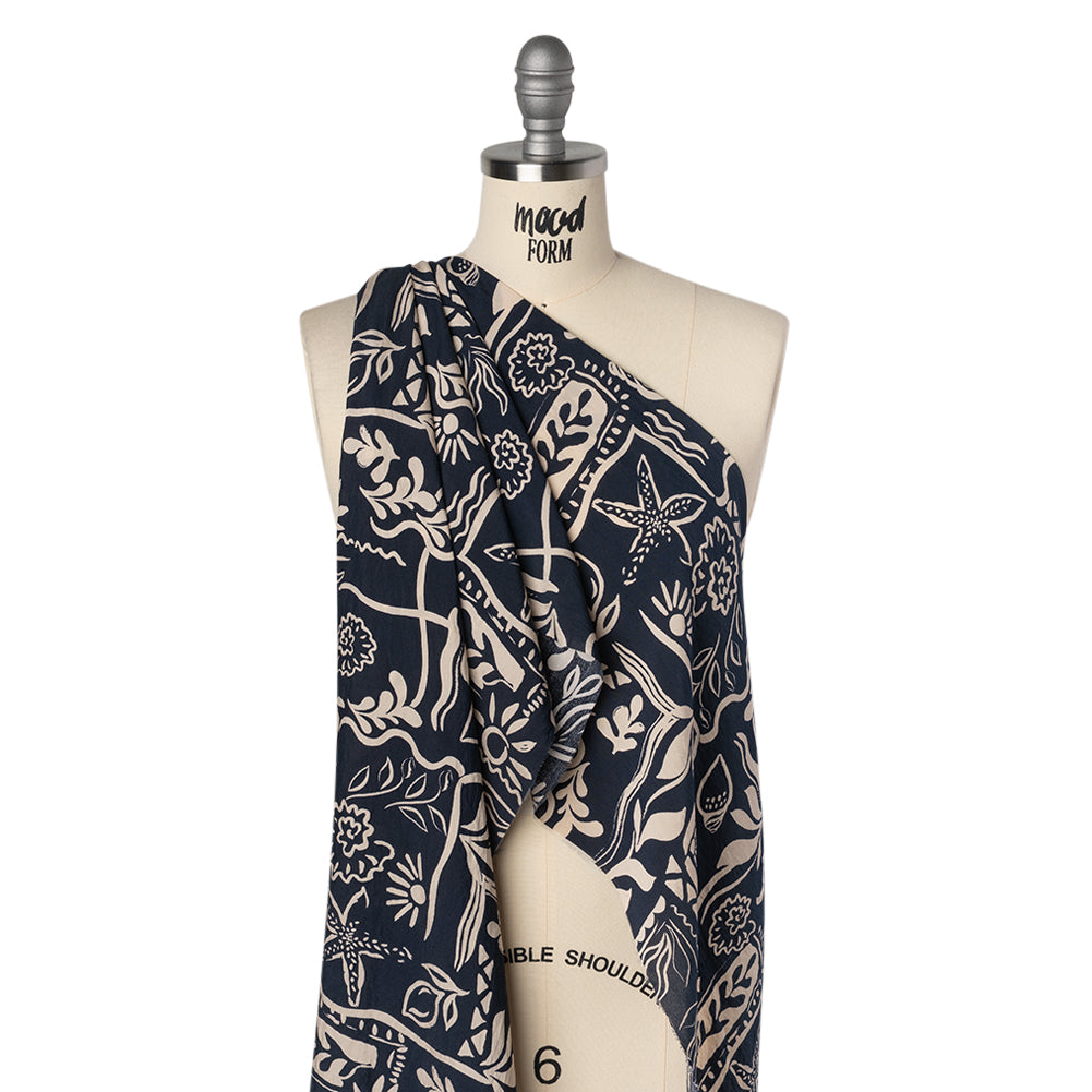 Rayon and Nylon Woven Print - Dark Navy Blue and Light Tan Simple Plants - Designer Deadstock Drape