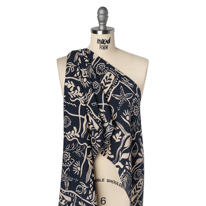 Rayon and Nylon Woven Print - Dark Navy Blue and Light Tan Simple Plants - Designer Deadstock Drape