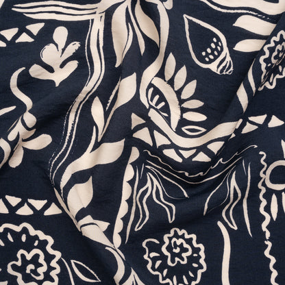 Rayon and Nylon Woven Print - Dark Navy Blue and Light Tan Simple Plants - Designer Deadstock