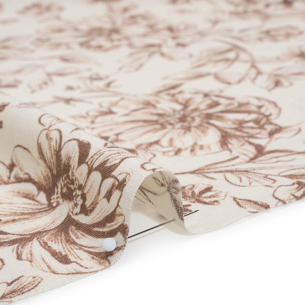 Linen and Rayon Woven Print - Chocolate Brown and Natural Cream Floral - Deadstock - Detail