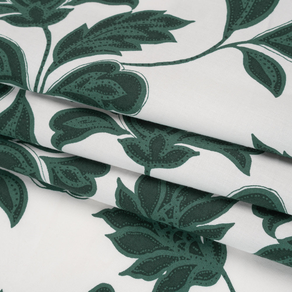 Stretch Cotton Poplin Print - Forest Green Baroque Floral - Designer Deadstock - Folded