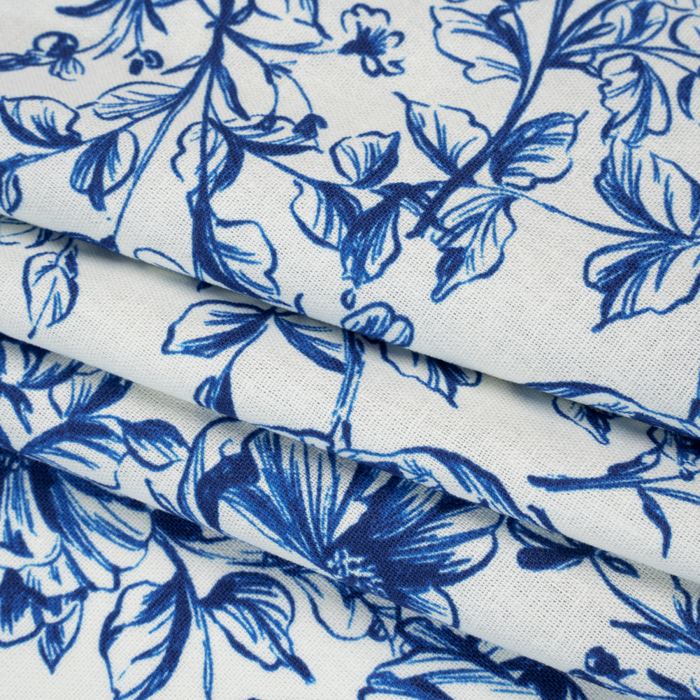 Linen and Rayon Woven Print - Rich Royal Blue and White Floral - Deadstock - Folded