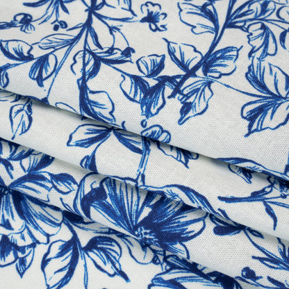Linen and Rayon Woven Print - Rich Royal Blue and White Floral - Deadstock