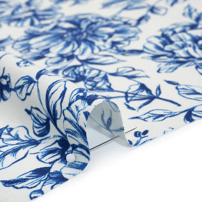 Linen and Rayon Woven Print - Rich Royal Blue and White Floral - Deadstock