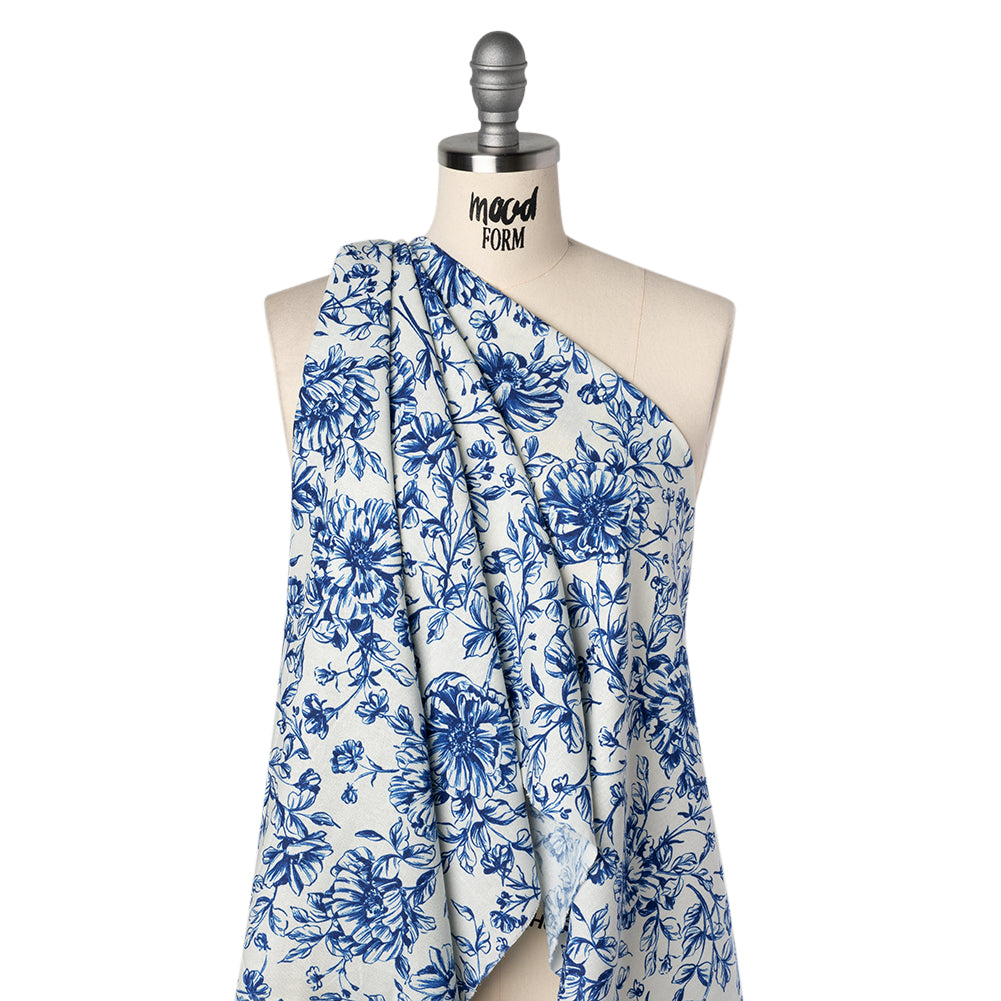 Linen and Rayon Woven Print - Rich Royal Blue and White Floral - Deadstock - Drape