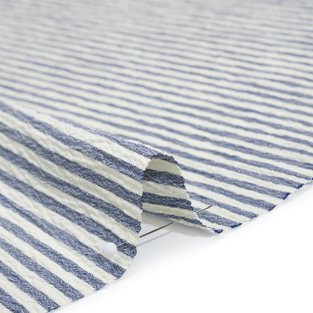 Polyester and Rayon Seersucker - Dusty Denim Blue and White Candy Stripes - Deadstock - Detail