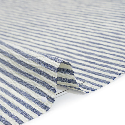 Polyester and Rayon Seersucker - Dusty Denim Blue and White Candy Stripes - Deadstock