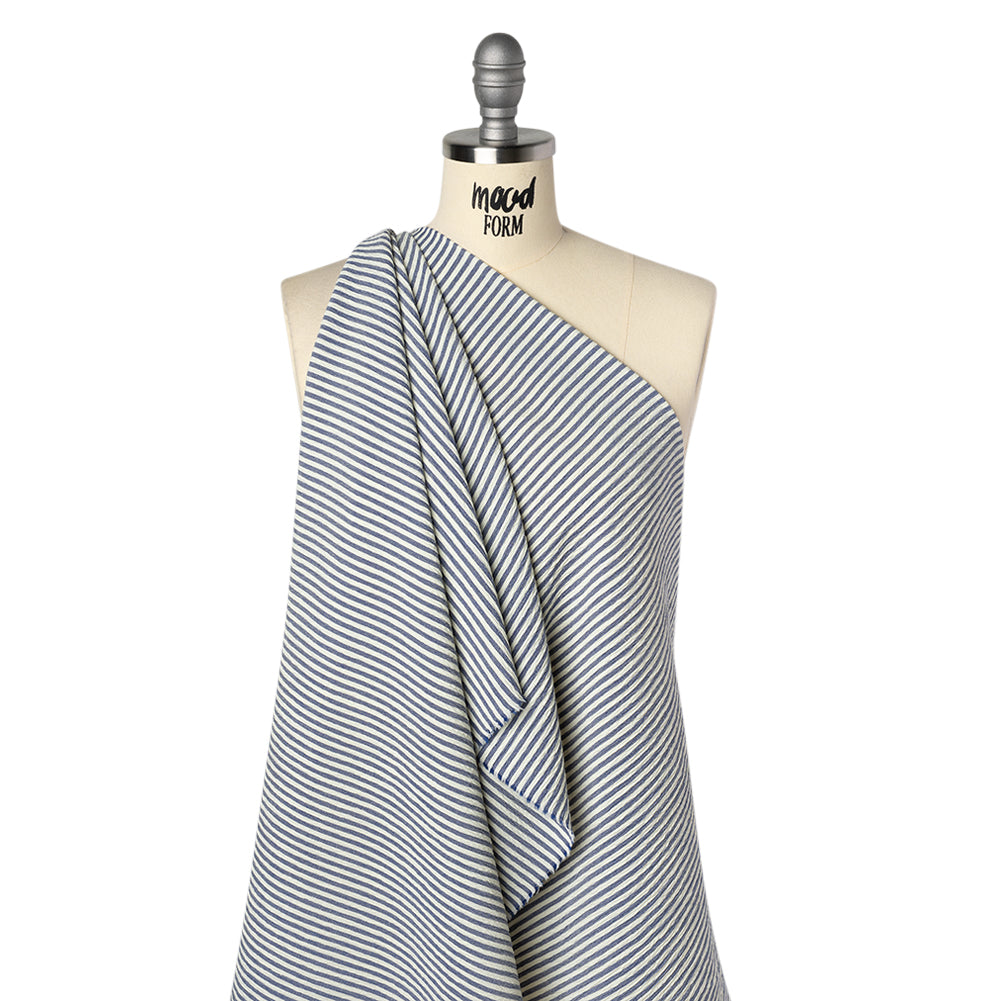 Polyester and Rayon Seersucker - Dusty Denim Blue and White Candy Stripes - Deadstock - Drape